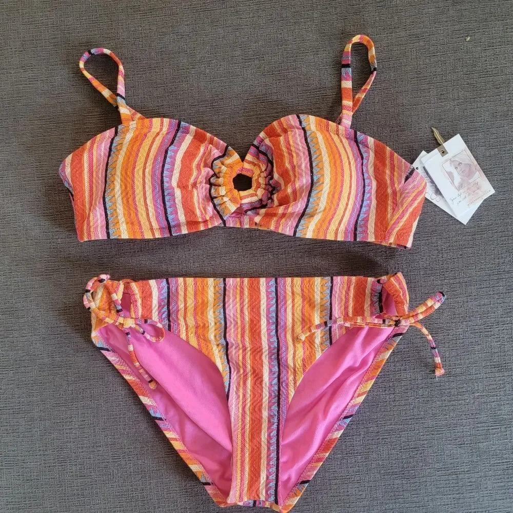 Jessica Simpson Femme Stripe Women's Multicolor Pacific Bikini Bottom & Top XL